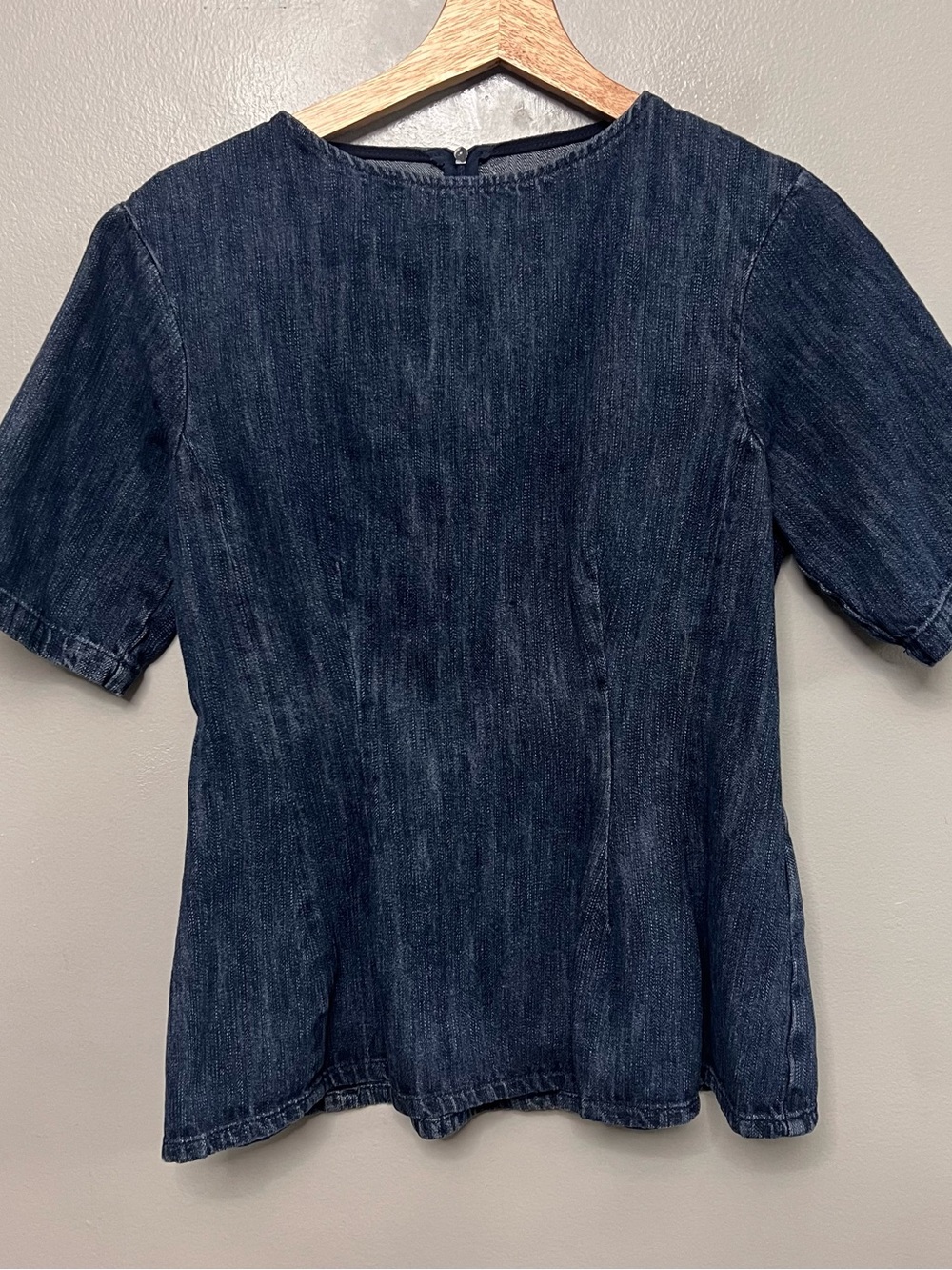 NWT Zara Dark Wash Denim Short Sleeve Tailored Peplum Top Medium Dark Academia